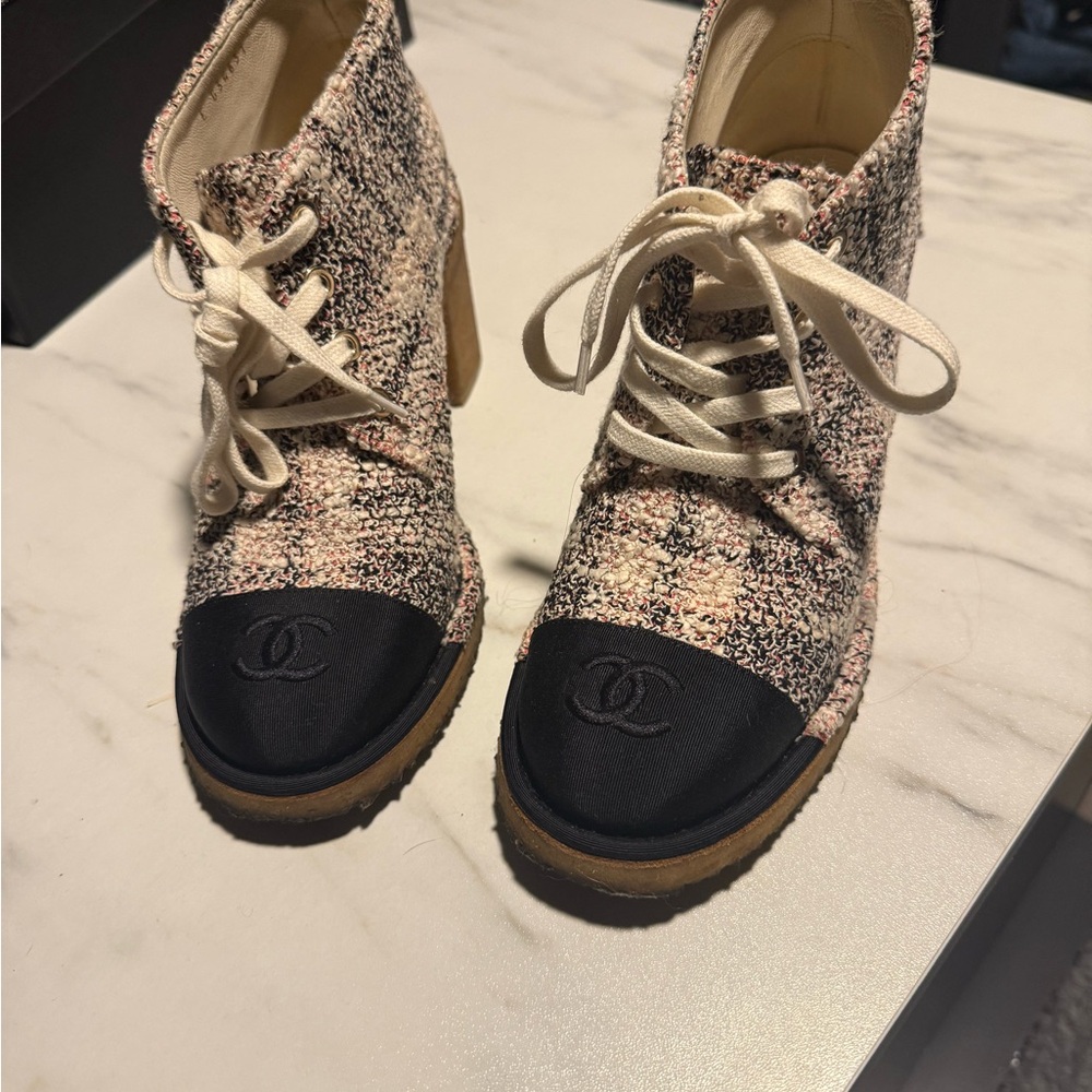 CHANEL Tweed Ankle Boots - Black and Cream